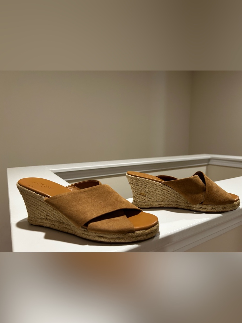 J Crew Suede  Crisscross Espadrille Wedge Slides - Tan